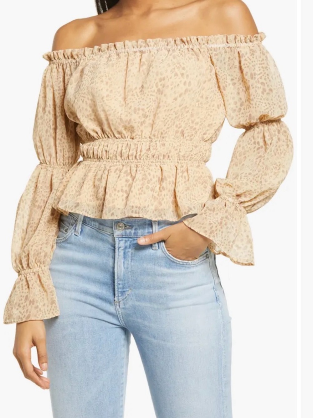 WAYF Tan Leopard Print Smocked Off The Shoulder Peplum Blouse Top Small